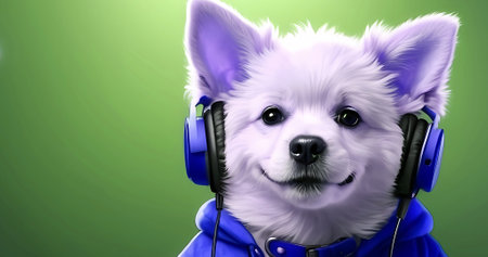 Beautiful white dog with headphones and microphone. Fantastic pet singerの素材