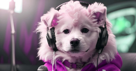 Beautiful white dog with headphones and microphone. Fantastic pet singerの素材