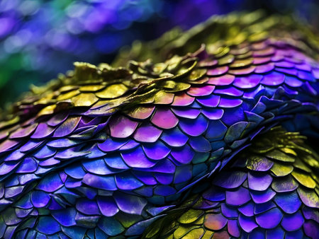 Abstract dragon close up scales surface texture. Modern detail realistic skin backgroundの素材