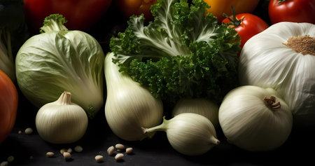 Beautiful still life background with natural detail vegetables. Elegant wallpaperの素材