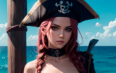 Beautiful ancient pirate girl on war ship. Vintage cartoon artの素材