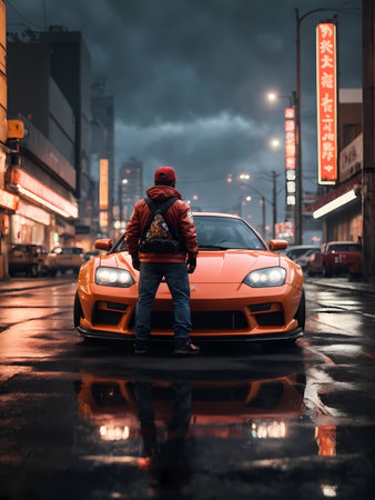 Elegant modern art with sport car on night street. Modern backgroundの素材