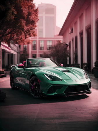 Elegant modern art with sport car on night street. Modern backgroundの素材