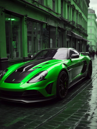 Elegant modern art with sport car on night street. Modern backgroundの素材
