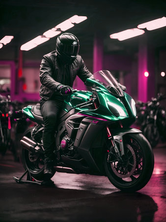 Elegant modern art with sport bike on street. Luxury motorcycle backgroundの素材