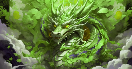 Beautiful ancient mythical dragon art background. Elegant wallpaperの素材