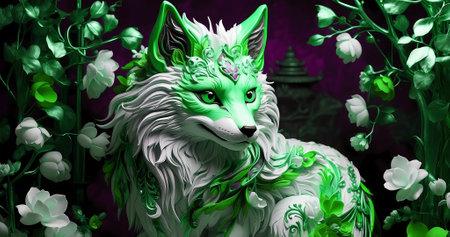 Abstract fox with beautiful abstract blossom flowers background. Elegant art illustrationの素材