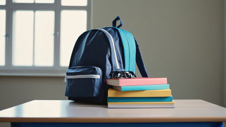 Desk with books and briefcase on the desk in classroom. School backgroundの素材
