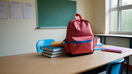 Desk with books and briefcase on the desk in classroom. School backgroundの素材
