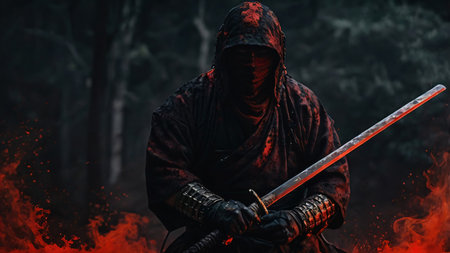 Ancient samurai hell ghost in mystical fire. Warrior in bloody clothesの素材