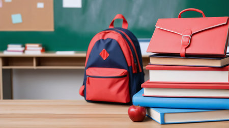 Desk with books and briefcase on the desk in classroom. School backgroundの素材