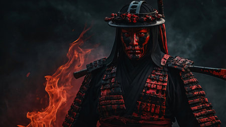 Ancient samurai hell ghost in mystical fire. Warrior in bloody clothesの素材