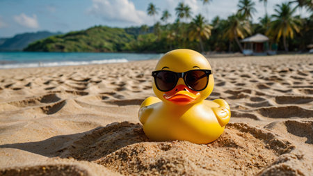 Beautiful rabber duck with black glasses on vacation. Travel backgroundの素材