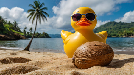 Beautiful rabber duck with black glasses on vacation. Travel backgroundの素材