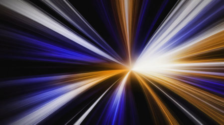 Abstract colorful ray lines speed motion on black background. Multicolored light textureの素材