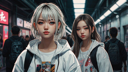 Beautiful japanese young girl waiting train in metro. Anime style art design. Elegant beautiful girl portraitの素材