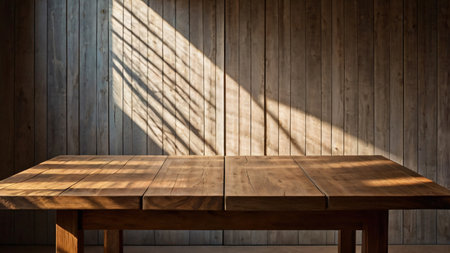 Empty dark wooden table with abstract light from leaf shadow on the wall. Elegant background with space for textの素材