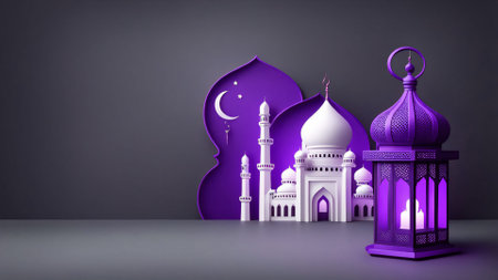 3d lantern with mosque and banneroud in elegant color background. East style banner conceptの素材