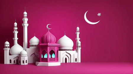 3d lantern with mosque and banneroud in elegant color background. East style banner conceptの素材