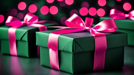 Elegant black gift boxes with luxurious golden ribbons against a backdrop of bright festive lights. The image captures a sense of celebration, luxury, and the anticipation of presents. Perfect for Christmas or New Year's greetings, marketing campaigns, or holiday events.の素材