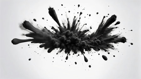 A striking black ink explosion captured in mid-air, spreading intricate details and textures against a clean white background. Perfect for creative designs, artistic projects, and abstract conceptsの素材