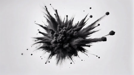 A striking ink explosion captured in mid-air, spreading intricate details and textures against a clean white background. Perfect for creative designs, artistic projects, and abstract conceptsの素材