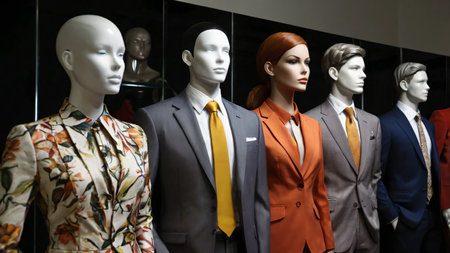A sophisticated arrangement of four mannequins dressed in formal business attire, including suits and blazers in various colors and patterns. The composition highlights professional fashion trends, combining vibrant floral designs with classic tailored outfits. Perfect for showcasing modern businesswear and corporate styleの素材