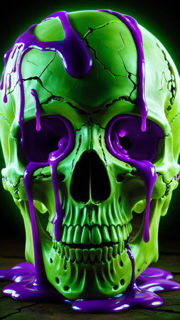 A vibrant and surreal depiction of a skull, cracked and textured, bathed in neon light. Oozing over the skull is a glossy, luminescent slime that cascades down the contoursの素材