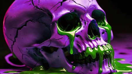 A vibrant and surreal depiction of a skull, cracked and textured, bathed in neon light. Oozing over the skull is a glossy, luminescent slime that cascades down the contoursの素材