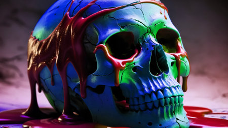 A vibrant and surreal depiction of a skull, cracked and textured, bathed in neon light. Oozing over the skull is a glossy, luminescent slime that cascades down the contoursの素材