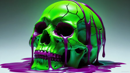 A vibrant and surreal depiction of a skull, cracked and textured, bathed in neon light. Oozing over the skull is a glossy, luminescent slime that cascades down the contoursの素材