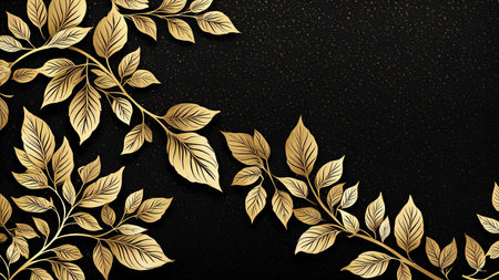 A luxurious and minimalist design featuring golden leaves on a textured black background. The intricate details of the gold foliage create a sophisticated and timeless aesthetic, ideal for invitations, luxury branding, backgrounds, or decorative projectsの素材