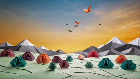 A mesmerizing paper-crafted landscape featuring origami mountains, flowers, and birds. The intricate folds create a colorful and artistic world made entirely of paper, evoking a serene and imaginative atmosphere. The attention to detail in the three-dimensional elements makes this a stunning representation of nature through origamiの素材
