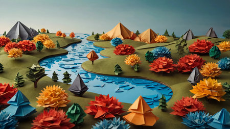 A mesmerizing paper-crafted landscape featuring origami mountains, flowers, and birds. The intricate folds create a colorful and artistic world made entirely of paper, evoking a serene and imaginative atmosphere. The attention to detail in the three-dimensional elements makes this a stunning representation of nature through origamiの素材