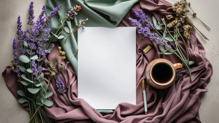 A beautifully arranged flat lay of a creative workspace featuring a blank sheet of paper, a gold pen, and a rustic ceramic cup filled with black coffee. The scene is decorated with dried flowers, lavender, eucalyptus leaves, and soft fabric in muted earthy tones. The warm, natural lighting and thoughtful composition evoke a sense of calm, inspiration, and artistic expression.の素材