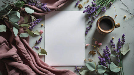 A beautifully arranged flat lay of a creative workspace featuring a blank sheet of paper, a gold pen, and a rustic ceramic cup filled with black coffee. The scene is decorated with dried flowers, lavender, eucalyptus leaves, and soft fabric in muted earthy tones. The warm, natural lighting and thoughtful composition evoke a sense of calm, inspiration, and artistic expression.の素材