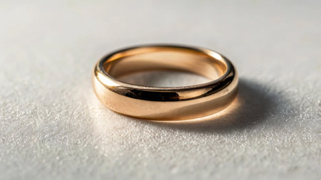 A close-up of two stunning gold wedding bands embedded with a row of sparkling diamonds, symbolizing love, commitment, and eternal unity. The soft, blurred background and warm lighting enhance the luxurious appeal, making it a perfect representation of elegance and romance.の素材