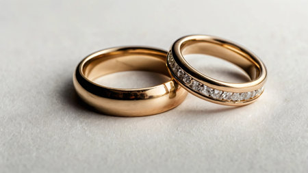 A close-up of two stunning gold wedding bands embedded with a row of sparkling diamonds, symbolizing love, commitment, and eternal unity. The soft, blurred background and warm lighting enhance the luxurious appeal, making it a perfect representation of elegance and romance.の素材