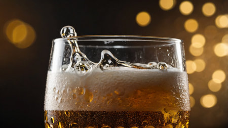 A refreshing glass of golden beer served in an intricately designed mug with a frothy foam top. The beer's rich amber hue is beautifully illuminated, showing its clarity and effervescence. The dark, rustic background complements the warmth of the wooden surface, creating a cozy and inviting ambiance. Perfect for themes related to breweries, pubs, celebrations, or classic beverages.の写真素材
