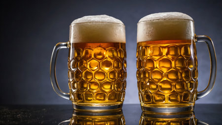 A refreshing glass of golden beer served in an intricately designed mug with a frothy foam top. The beer's rich amber hue is beautifully illuminated, showing its clarity and effervescence. The dark, rustic background complements the warmth of the wooden surface, creating a cozy and inviting ambiance. Perfect for themes related to breweries, pubs, celebrations, or classic beverages.の写真素材