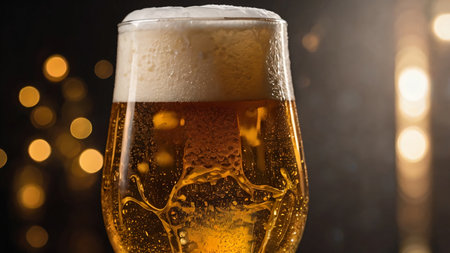 A refreshing glass of golden beer served in an intricately designed mug with a frothy foam top. The beer's rich amber hue is beautifully illuminated, showing its clarity and effervescence. The dark, rustic background complements the warmth of the wooden surface, creating a cozy and inviting ambiance. Perfect for themes related to breweries, pubs, celebrations, or classic beverages.の写真素材