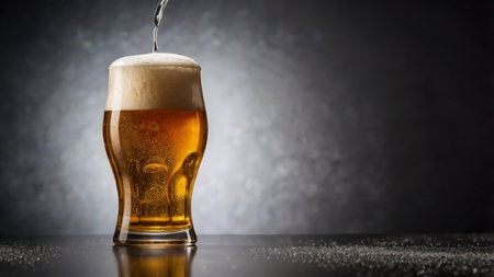 A refreshing glass of golden beer with a frothy foam top. The beer's rich amber hue is beautifully illuminated, showing its clarity and effervescence. The dark, rustic background complements the warmth of the wooden surface, creating a cozy and inviting ambiance. Perfect for themes related to breweries, pubs, celebrations, or classic beverages.の写真素材