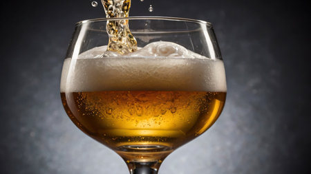 A refreshing glass of golden beer with a frothy foam top. The beer's rich amber hue is beautifully illuminated, showing its clarity and effervescence. The dark, rustic background complements the warmth of the wooden surface, creating a cozy and inviting ambiance. Perfect for themes related to breweries, pubs, celebrations, or classic beverages.の写真素材
