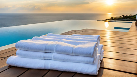 A serene poolside setting featuring neatly stacked white towels on a wooden deck, overlooking an infinity pool that seamlessly blends into the vast ocean. The golden hues of the sunset illuminate the tranquil water and sky, creating a warm and relaxing ambiance. This image captures the essence of luxury and relaxation, ideal for promoting spas, resorts, or vacation destinations.の写真素材