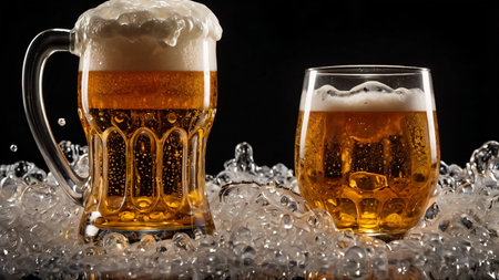 A refreshing glass of golden beer served in an intricately designed mug with a frothy foam top. The...