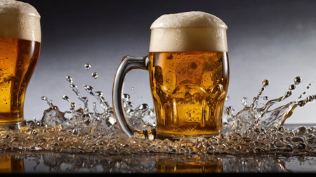 A refreshing glass of golden beer served in an intricately designed mug with a frothy foam top. The beer's rich amber hue is beautifully illuminated, showing its clarity and effervescence. The dark, rustic background complements the warmth of the wooden surface, creating a cozy and inviting ambiance. Perfect for themes related to breweries, pubs, celebrations, or classic beverages.の写真素材