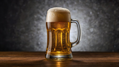 A refreshing glass of golden beer served in an intricately designed mug with a frothy foam top. The beer's rich amber hue is beautifully illuminated, showing its clarity and effervescence. The dark, rustic background complements the warmth of the wooden surface, creating a cozy and inviting ambiance. Perfect for themes related to breweries, pubs, celebrations, or classic beverages.の写真素材