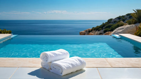 A serene poolside setting featuring neatly stacked white towels on a wooden deck, overlooking an infinity pool that seamlessly blends into the vast ocean. The golden hues of the sunset illuminate the tranquil water and sky, creating a warm and relaxing ambiance. This image captures the essence of luxury and relaxation, ideal for promoting spas, resorts, or vacation destinations.の写真素材