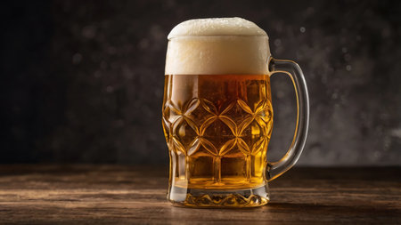 A refreshing glass of golden beer served in an intricately designed mug with a frothy foam top. The beer's rich amber hue is beautifully illuminated, showing its clarity and effervescence. The dark, rustic background complements the warmth of the wooden surface, creating a cozy and inviting ambiance. Perfect for themes related to breweries, pubs, celebrations, or classic beverages.の写真素材