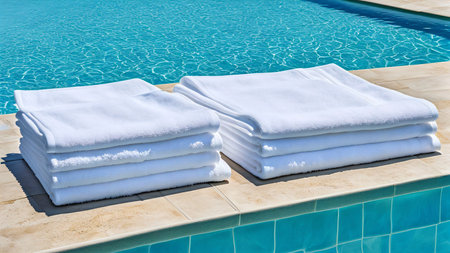 A serene poolside setting featuring neatly stacked white towels on a wooden deck, overlooking an infinity pool that seamlessly blends into the vast ocean. The golden hues of the sunset illuminate the tranquil water and sky, creating a warm and relaxing ambiance. This image captures the essence of luxury and relaxation, ideal for promoting spas, resorts, or vacation destinations.の写真素材